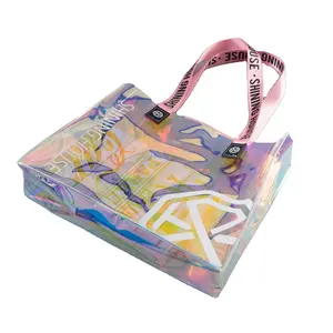 Diskon besar tas tote holografik pvc logo kustom tas kemasan PVC hologram bening gagang lebih kuat tas belanja wanita pantai