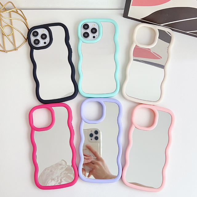 New Shockproof Big Wave Frame Cute Makeup Mirror Protective Cover Phone Case for iPhone 16 15 14 13 Pro Max 16 Plus
