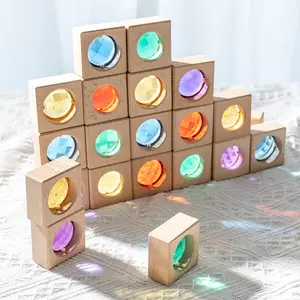 New style solid beech wood educational toys large particle colorful gems acrylic rainbow light transmitting building blocks