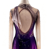 Robe de patinage artistique à dégradé violet, drapée, à découpes, dos ouvert, en maille ornée de strass, pour concours de danse sur glace