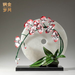 Escultura de Latón con Jade y Cobre, Diseño de Orquídea Iluminada por la Luna, Hecha a Mano, Decoración Artística para Sala de Estar, Regalo de Inauguración de Casa - Product Image 3