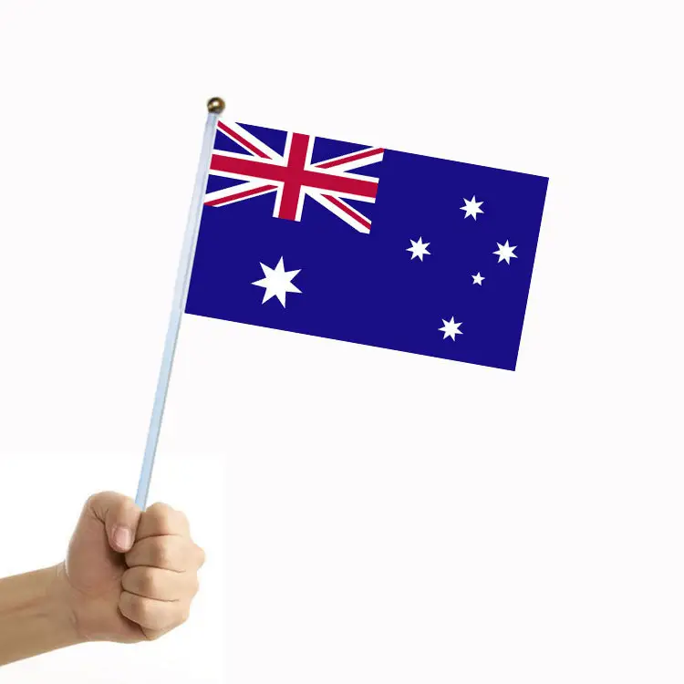 Werkspreis Großhandel Digitaldruck 100 % Polyester Australien Hand-Wellen-Flagge mit Kunststoff-Flaggenstangen
