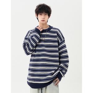 Pull unisexe rayé épais, style rétro, blocs de couleur, coupe ample décontractée, pull d'automne et d'hiver, pull assorti pour couple, logo frontal, tricot - Product Image 1