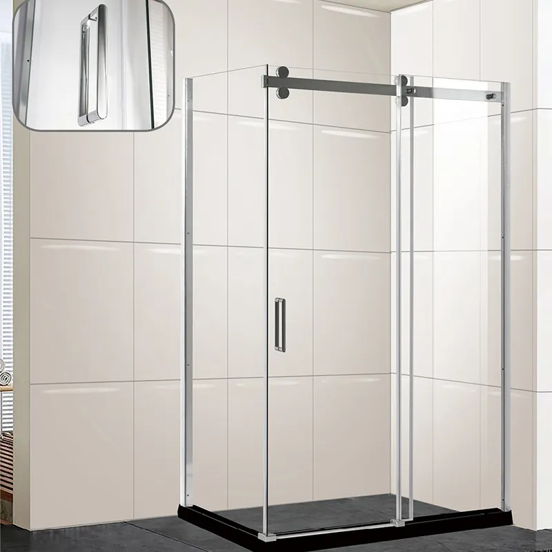 Cabine de chuveiro retangular moderna sem moldura, com bandeja, fechada por si mesma, no final do banho
