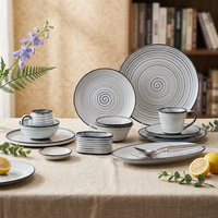 Service de table en céramique et porcelaine élégant ST, rayé bleu ivoire, avec finition émaillée, assiettes plates, bols à salade, pour repas d'hôtel, résistant aux rayures