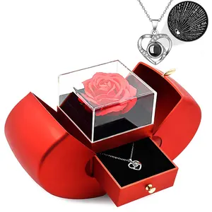 valentines soap rose gift box apple shape rose jewelry box with 100 languages I LOVE U necklace for mother's day