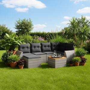 Conjunto de Sofás de Jardín de Ratán Gris, 6 Plazas, Muebles de Exterior Resistentes a la Intemperie, Diseño Contemporáneo - Product Image 2