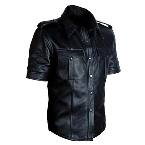 Chemise en cuir à col rabattu, style automne, deux poches avant, tendance streetwear, vente chaude, chemise en cuir personnalisée de haute qualité - Product Image 2