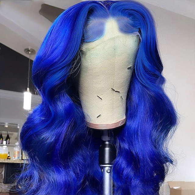 Wholesale HD Blue Color Virgin Human Lace Front Wigs Peruvian Human Hair 40 Inch Long Body Wave for Lace Wig