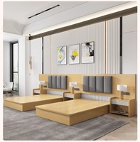Muebles de Habitación Doble para Hotel, Diseño Vertical con Franjas Decorativas, Cabecera Suave, Cama con Almacenamiento, Mesita de Noche, Juego Completo