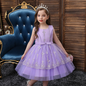 Robe de princesse pour filles, en Tulle violet, coupe trapèze, col rond, robe de demoiselle d'honneur avec broderie et ceinture, taille 309 - Product Image 1