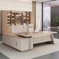 Ensemble de bureau de direction moderne en bois clair, table de PDG avec armoire latérale, bibliothèque, mobilier de bureau de luxe pour manager