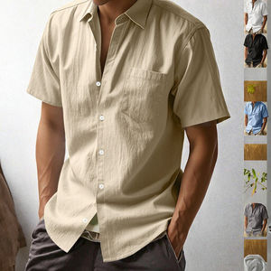 Wholesale <b>Men's</b> Casual <b>Linen</b> <b>Shirt</b> Summer Turn-down Collar Single Button <b>Short</b> <b>Sleeve</b> Solid Color Breathable Customized Colors - Product Image 3