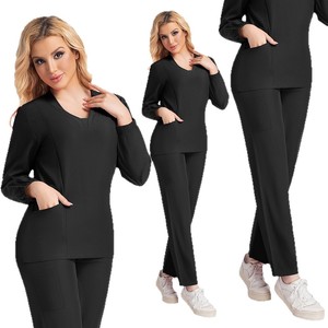 Women's Solid Color V Neck Long Sleeve Scrub Set Moisture Wicking Knitted Hospital Uniform Split Set Workwear - Product Image 1