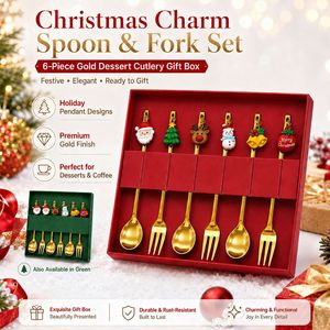 Coffret Cadeau de Noël Créatif Horeca – Ensemble de <span class=keywords><strong>Couverts</strong></span> en Acier Inoxydable Effet Miroir Écologique avec Pendentif Dessin Animé Doré et Argenté - Product Image 3