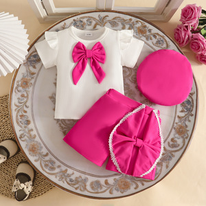 Ensemble haut et pantalon d'été écoresponsable pour bébé <span class=keywords><strong>fille</strong></span> de 0 à 3 <span class=keywords><strong>ans</strong></span>, style décontracté et mignon avec grand nœud, manches courtes - Product Image 6