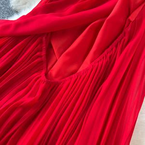 Новое модное красное платье Плиссированное длинное платье на бретельках для женщин пляжное платье в морском стиле для отдыха летнее женское платье - Product Image 4