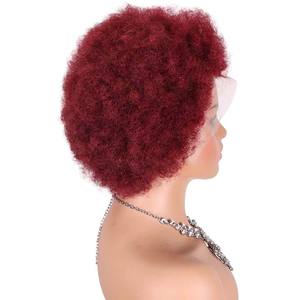 <span class=keywords><strong>Precio</strong></span> al por mayor en pelucas sin pegamento de cabello humano con rizos afro cortos, rizos naturales, hechas a máquina, con flequillo, encaje frontal, 99J, gorra pequeña - Product Image 2