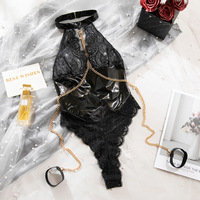 Bodysuit Patchwork Kulit Paten dan Renda Hitam Glory, Gaya Wanita Dewasa, Kerah Halter dengan Rantai