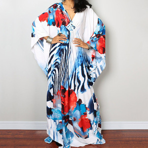 Abstrakter Tierdruck Fledermausärmel Kaftan Strandkleid Damen V-Ausschnitt Lockerer Maxi-Umhang Weich Leichtgewichtig für den Strand - Product Image 1