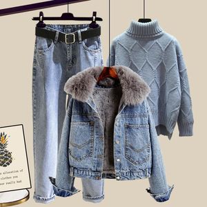 Nouvelle tenue tendance, <span class=keywords><strong>veste</strong></span> en jean épaisse en velours, avec jean slim, <span class=keywords><strong>pull</strong></span>, ensemble trois pièces pour femmes - Product Image 3