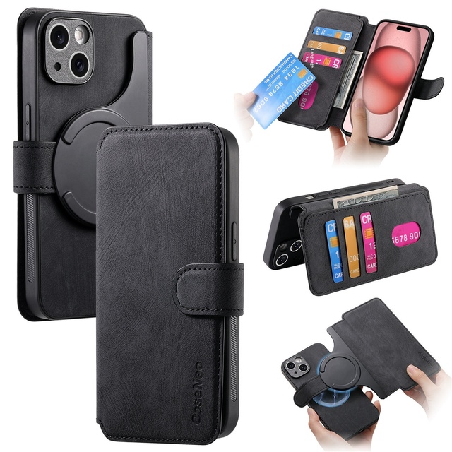 Magnetic Separable Faux Leather Wallet Case with Card Slot & Stand for iPhone 17 Pro Max / 16 Pro Protective Cover