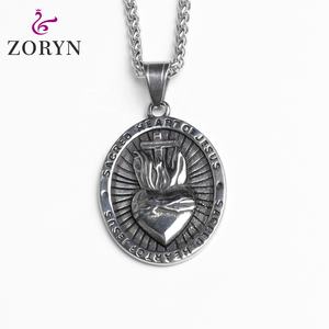 Pendentif en acier inoxydable Cœur Sacré de Jésus, Croix Religieuse Flamme Gothique Punk Vintage, Bijou en Acier Titane pour Homme - Product Image 1