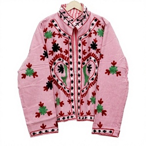 Chaqueta de Algodón Rosa para Mujer, Bordada a Mano con Diseño Floral, Cuello Mandarín, Frente Abierto, Manga Larga, Transpirable y Ecológica - Product Image 1