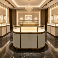 Comptoir de présentation de bijoux en verre incurvé de luxe sur mesure, avec éclairage LED, cadre en acier inoxydable doré, vitrine de boutique écologique, fabrication en usine