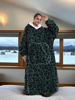 Peignoir à capuche doux pour la peau, grande taille, motif léopard vert, poche avant en forme de pomme, idéal pour le spa et les moments de détente