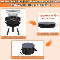 Barbecue rond moderne noir en bois pour extérieur avec grille de cuisson, couvercle, pieds, pique-foyer, sac étanche pour camping, jardin et loisirs