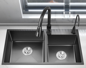 Évier de cuisine rectangulaire <span class=keywords><strong>noir</strong></span> nano en acier inoxydable, fait main, moderne, double cuve, avec robinet brossé à deux trous, pour usage commercial - Product Image 5