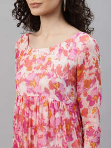 Floral Woven <b>Chiffon</b> Tiered Maxi <b>Dress</b> for Women's U Neck Full Sleeves Flared Natural Waist Casual Autumn A-Line - Product Image 5