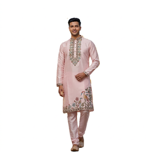 Men's Pink Embroidered Silk <b>Kurta</b> Set Bird Floral Design Traditional <b>Indian</b> Pakistani Wedding Wear Regular Fit Ankle-Length - Product Image 1