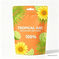Sachets Doypack Orange Vif en Gros avec Imprimés Floraux Tropicaux et Agrumes pour l'Emballage de Purée de Fruits et Jus en Général