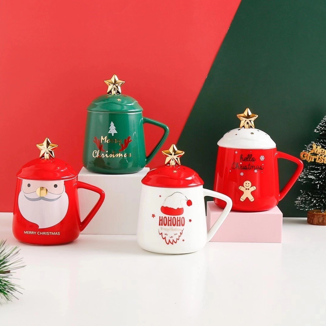 Оптовая продажа, креативные милые рождественские керамические кофейные чашки с крышкой для девочек-подростков