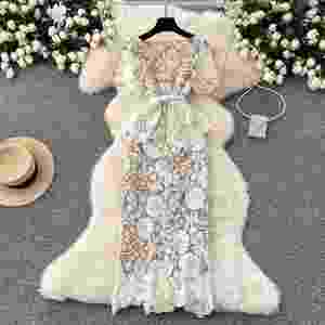 Vestido Midi Casual Romántico de Verano para Mujer, Manga Corta, Estilo Imperio, con Diamantes y Encaje Calado - Product Image 4