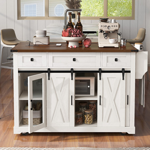 K&K 58 Inch Farmhouse Kitchen Island With <b>Sliding</b> <b>Barn</b> <b>Door</b> Metal Grid Side <b>Door</b> Rolling On Wheels - Product Image 2