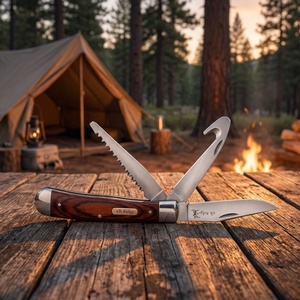 Couteau multi-outils traditionnel artisanal DRAWELL PH-2717 EDC en acier inoxydable à <span class=keywords><strong>lame</strong></span> dentelée, manche en <span class=keywords><strong>bois</strong></span> de Pakka, pour chasseur et trappeur, OEM - Product Image 1