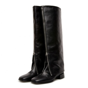 Bottes noires à fermeture éclair sur le devant, talon carré bas, bottes hautes pour femmes, dessus en cuir véritable, pour le quotidien et les loisirs, taille 10.5 - Product Image 1
