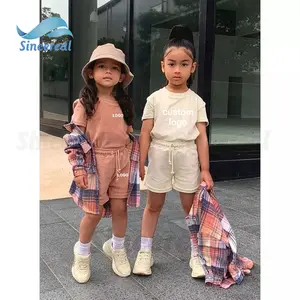 Custom children kids clothing casual terry towel beach wear summer cotton plain 2 piece shorts Lounge Wear sets for girls