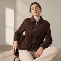 Veste décontractée pour femmes en cuir de mouton, col court à revers, taille ajustable avec cordon de serrage
