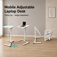 Bureau pliable réglable en hauteur pneumatiquement avec plateau rabattable et roulettes, poste de travail mobile pour la maison et le bureau