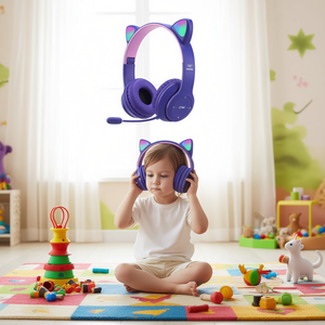 Auriculares inalámbricos Myrva con diseño de orejas de gato P47, color morado, Bluetooth 5.0, diseño de clip para la oreja con control de botones para niños - Product Image 2