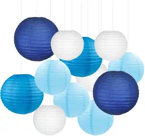 فوانيس ورقية زرقاء متنوعة الأحجام من 6" 8" 10" 12" فوانيس ورقية صينية مستديرة معلقة ديكور مصابيح كروية فوانيس للمناسبات