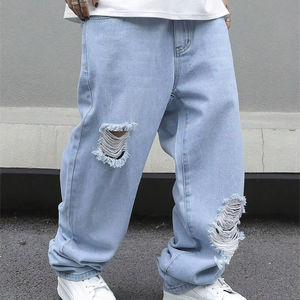 ZY Casual Streetwear Washed Ripped Frayed Herren Jeans Jeans Benutzer definiertes Logo Gerade Beine Jean <span class=keywords><strong>Pants</strong></span> Loose Fit Jeans hose für Herren - Product Image 1