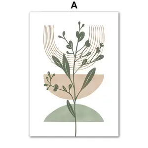 Trang trí nhà Bắc Âu tối giản màu xanh lá cây trừu tượng hình học cây lá nghệ thuật in Poster với khung nổi