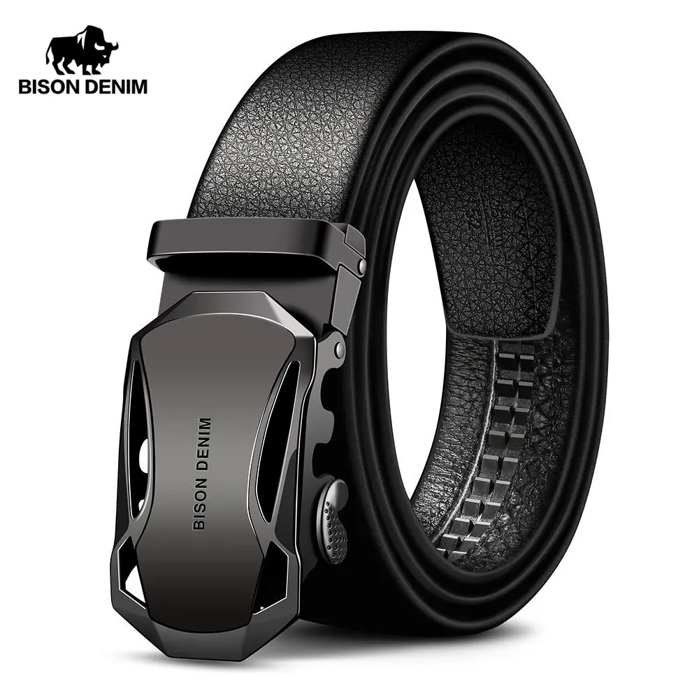 BISON DENIM Men's Belt Cow Leather Belts Brand Fashion Automatic Buckle Black Genuine Leather Belts