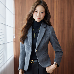 Grey Wool Blazer Women Solid Color Anti-Wrinkle Petite Short Autumn Winter 2025 Style - Product Image 4