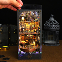 Cabane Pirate en Bois, Jouets en Bois, Puzzle 3D, Coin Livre DIY, Kit Maison Miniature DIY avec Lumière LED, Décoration de Serre-Livres